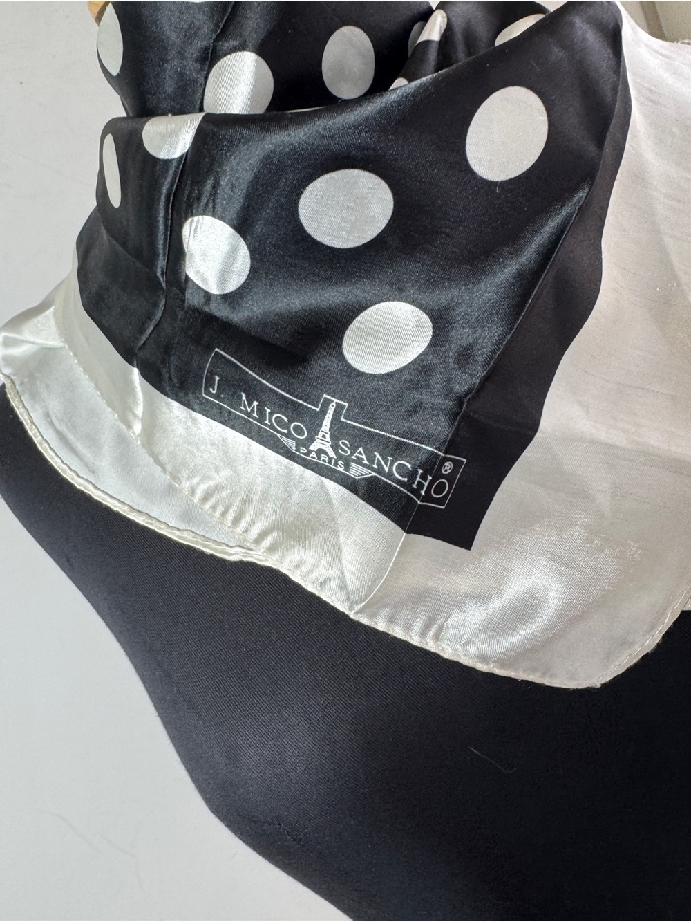 J. Mico Sancho Paris Polka Dot Silk Scarf Black White Square Vintage Chic - Picture 4 of 16